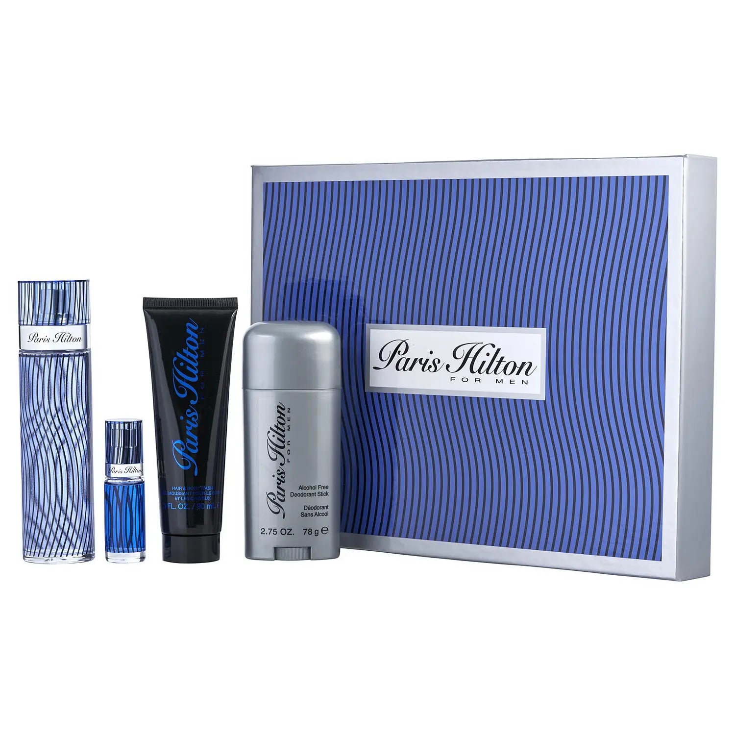 Paris Hilton 4 pc Gift Set for Men 3.4 oz EDT Spray 3 oz Hair and Body Wash 2.75 oz Deodorant Stick 0.25 oz EDT Spray